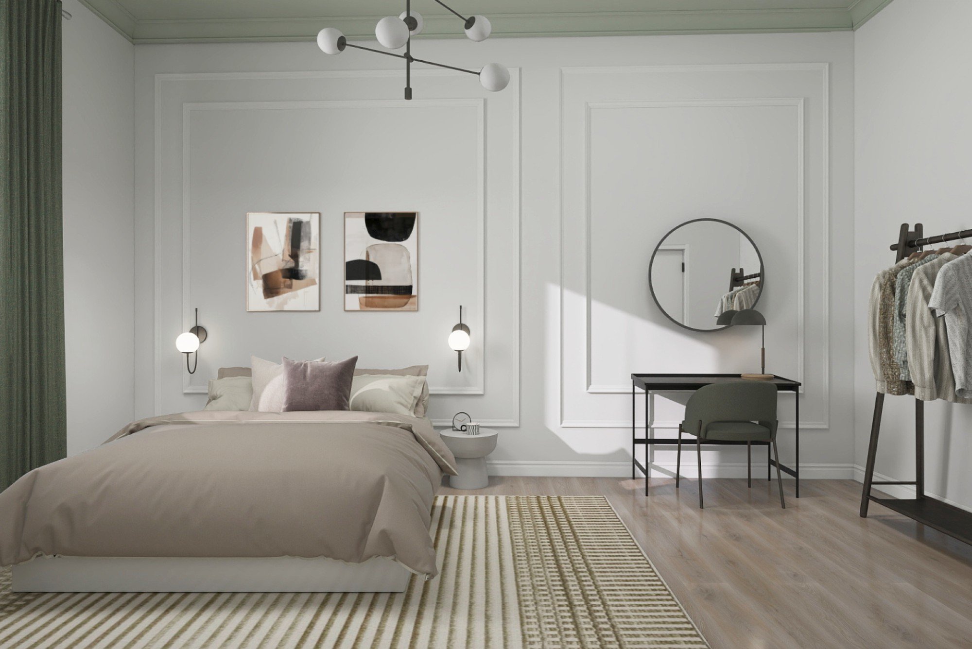 Проектът работи с нежна цветова гама и практично разпределение на пространството, където спалнята и работният кът функционират естествено един до друг.